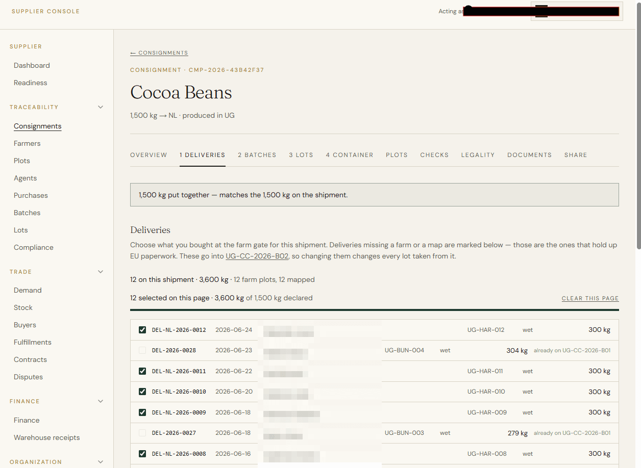 A consignment of cocoa beans, its deliveries listed against the declared weight, farmer names obscured