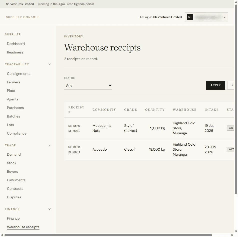 Warehouse receipts against held stock, with commodity, grade, quantity and store